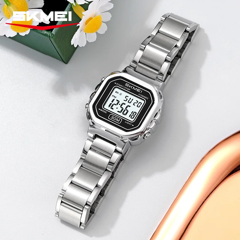 

SKMEI женские спортивные водонепроницаемые часы с маленьким циферблатом, цифровые наручные часы, свежие, жизненные часы из нержавеющей стали, Reloj Mujer