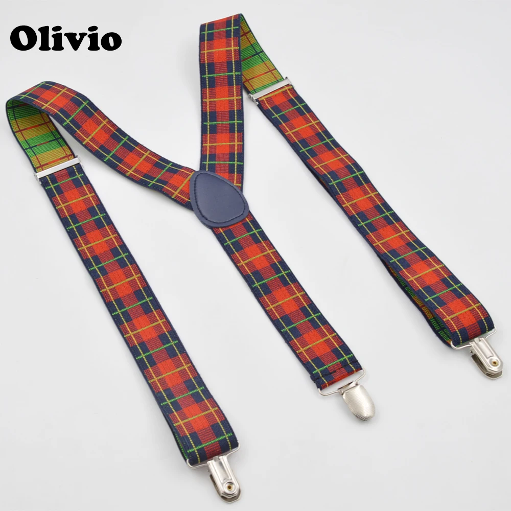 120cm Men's Unisex Clip-on Braces Elastic 3.5cm Wide black blackground larger Suspenders Y-back Suspender Scotland plaid