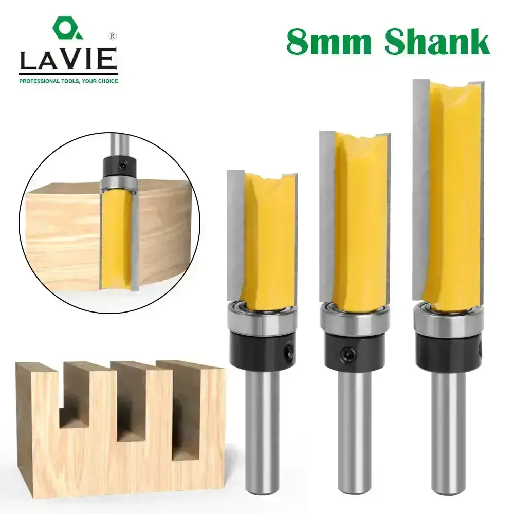 LAVIE 3PCS 8mm Shank Pattern Bit Flush Trim Straight Bit With Bering Hinge Mortising Router Bit Wood Trimmer Cutter C08013T3AY