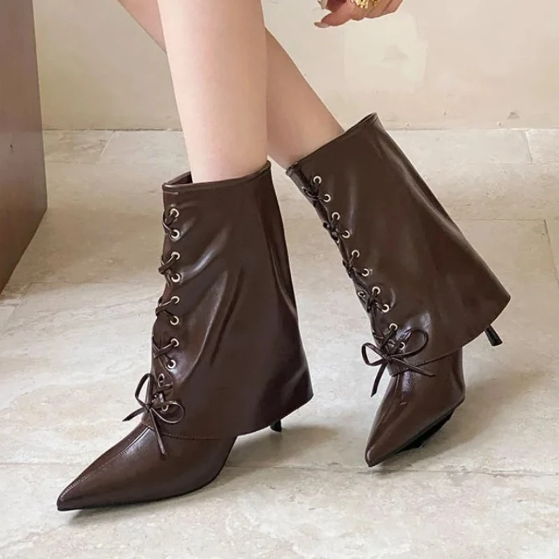 

Сексуальные женские ботильоны на шнуровке с острым носком, современные короткие ботинки из мягкой кожи на тонком высоком каблуке, женская элегантная обувь для вечеринок на шпильке