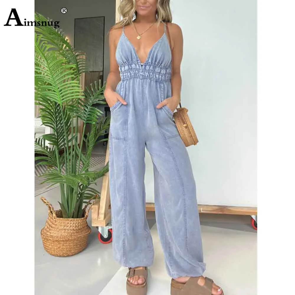 

2025 Women's Stand Pocket Casual Beach Jumpsuits Women Straight Leg Trousers High Cut Female Fashion Strappy Bodysuits New
