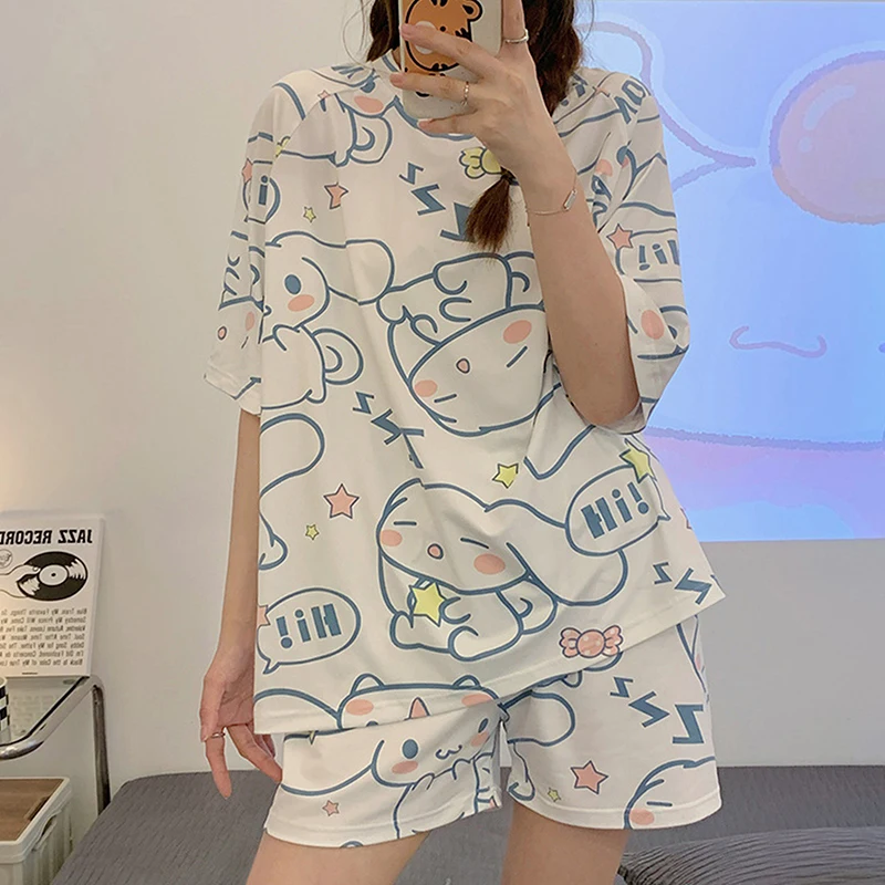 

2Pcs/set Kawaii Sanrio Anime Cinnamoroll Summer Simple Pajamas Fashion Delicate Cute Casual Loose Comfortable Soft Pajamas