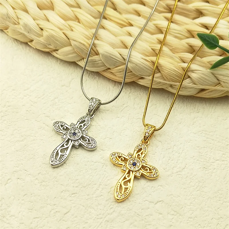 

Exquisite Cross Turkey Eye Zircon Copper Pendant Necklace for Women Stainless Steel Gold Color Religious Chain Jewelry NZZZ589-3