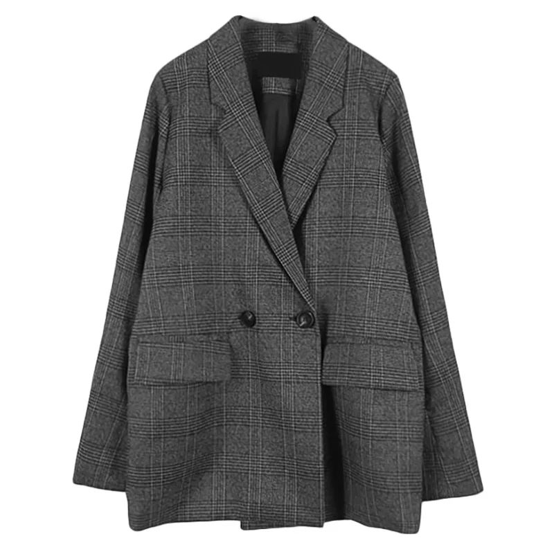 Lemongor Donna Elegante Plaid Doppio Petto Blazer Allentato Maniche Lunghe Casual Ufficio Lavoro Giacca Formale Capispalla 2026