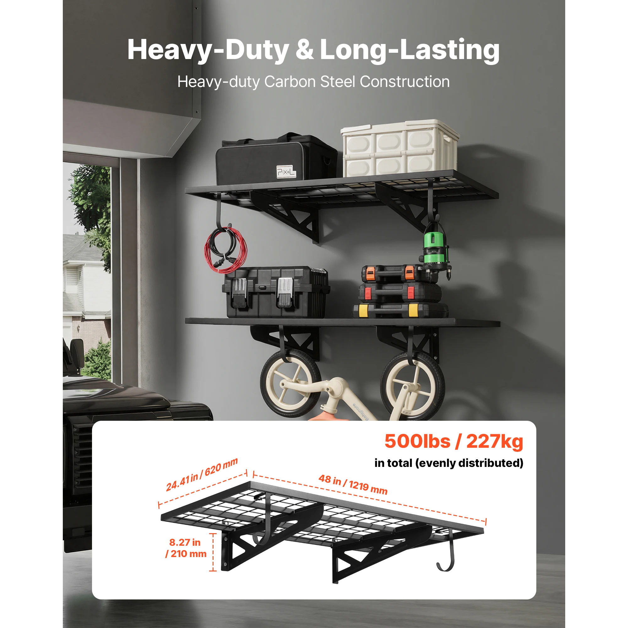 SucceBuy 24x48in 2-Tier Wall Mounted Garage Shelving Unit with Hooks 250LBS Per Shelf Floating Storage Metal Rack for Garage
