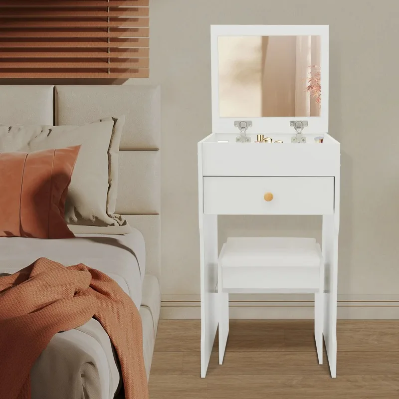 

40*37cm Vanity Table with Mirror, Compact Makeup Vanity with Storage Compartments and Stool, Dressing Table for Bedroom White