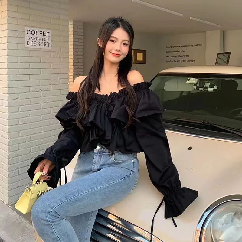 Ruffles Splicing Crop Blouse Women Sexy Off Shoulder Slash Neck Casual Top Y2K Fashion Korean Drawstring Criss Cross Chic Shirt