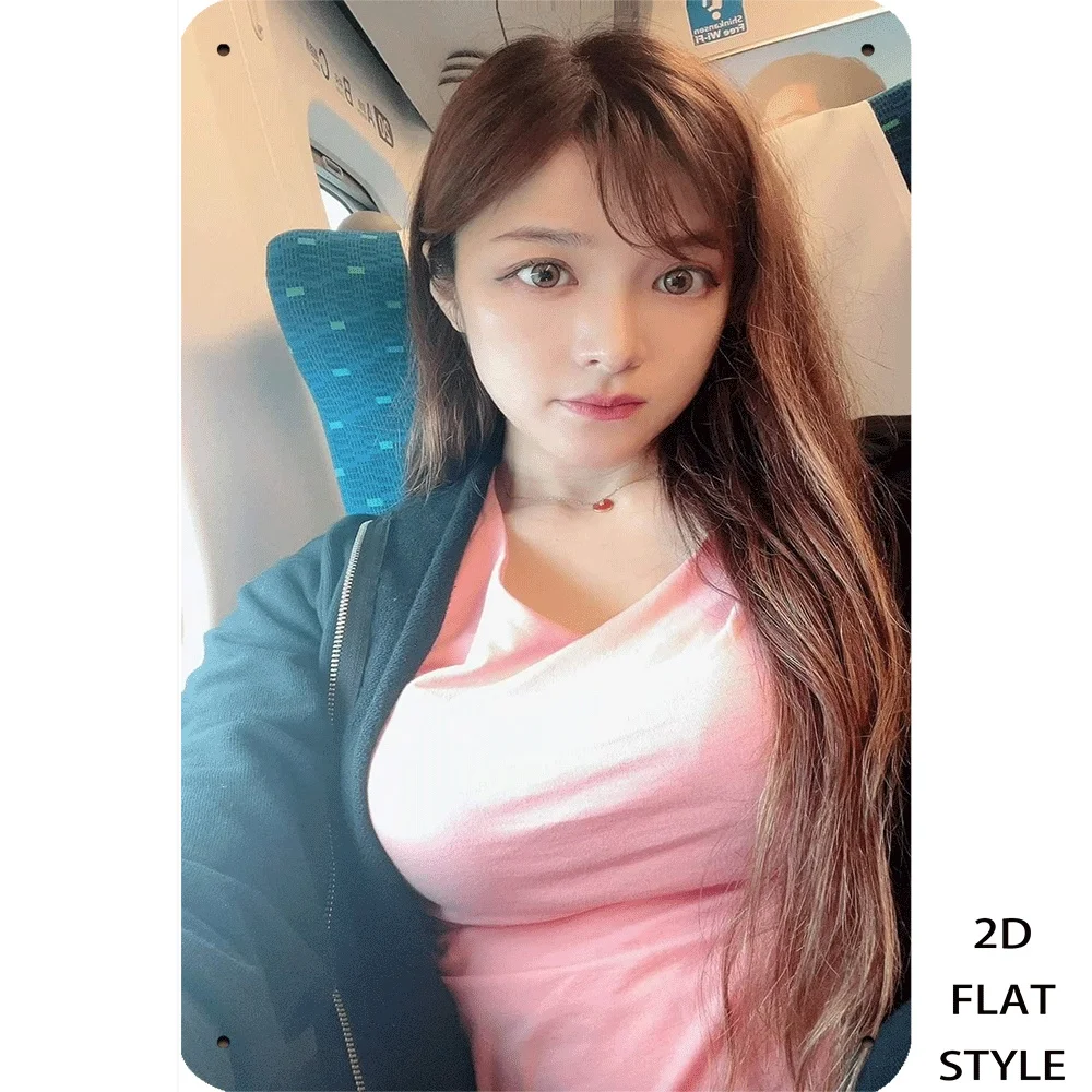 Vintage  Metal Tin Sign, Long Wavy Asian Girl Pink V-neck Top Dark Zip Hoodie Train Seat Interior Travel Wall Decor