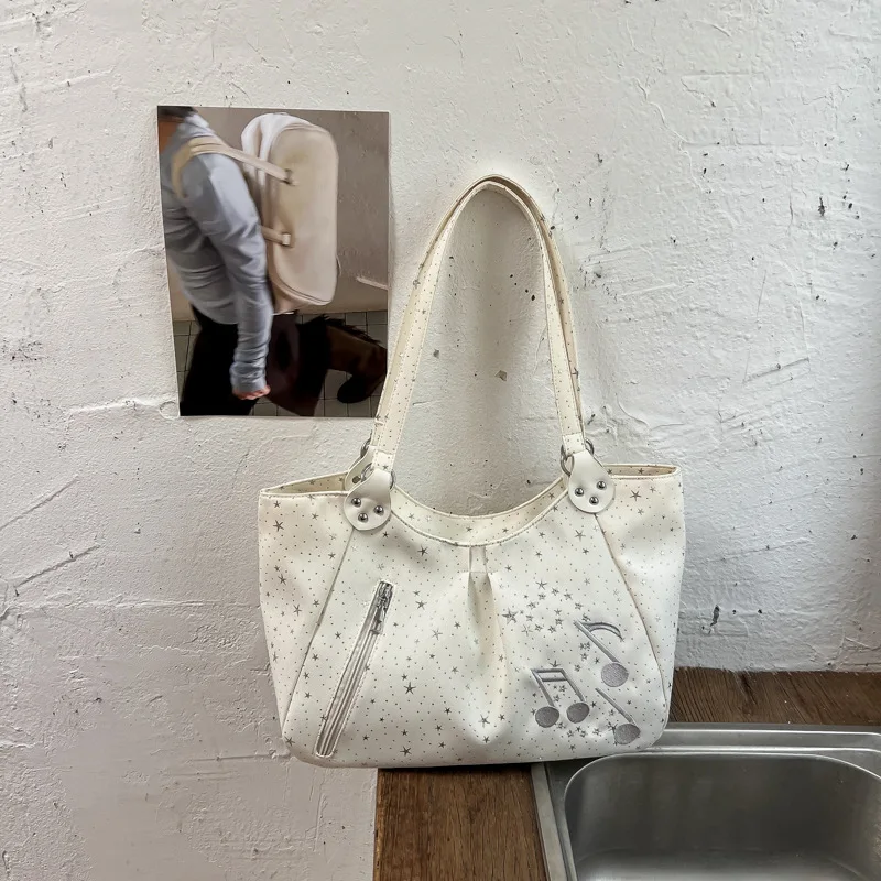 Handtasche mit seitlichem Reißverschluss und Musiknoten-Sternmuster, koreanische Nylon-Umhängetasche, süße, lässige, einfarbige Damen-Einkaufstasche für die Arbeit – Detail 2