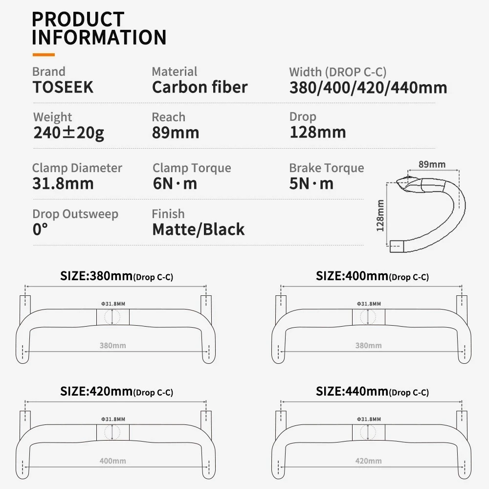 TOSEEK Gray Matte UD Carbon Fiber Handlebar Road Bent Bar Bike Parts 380/400/420/440mm External Routing