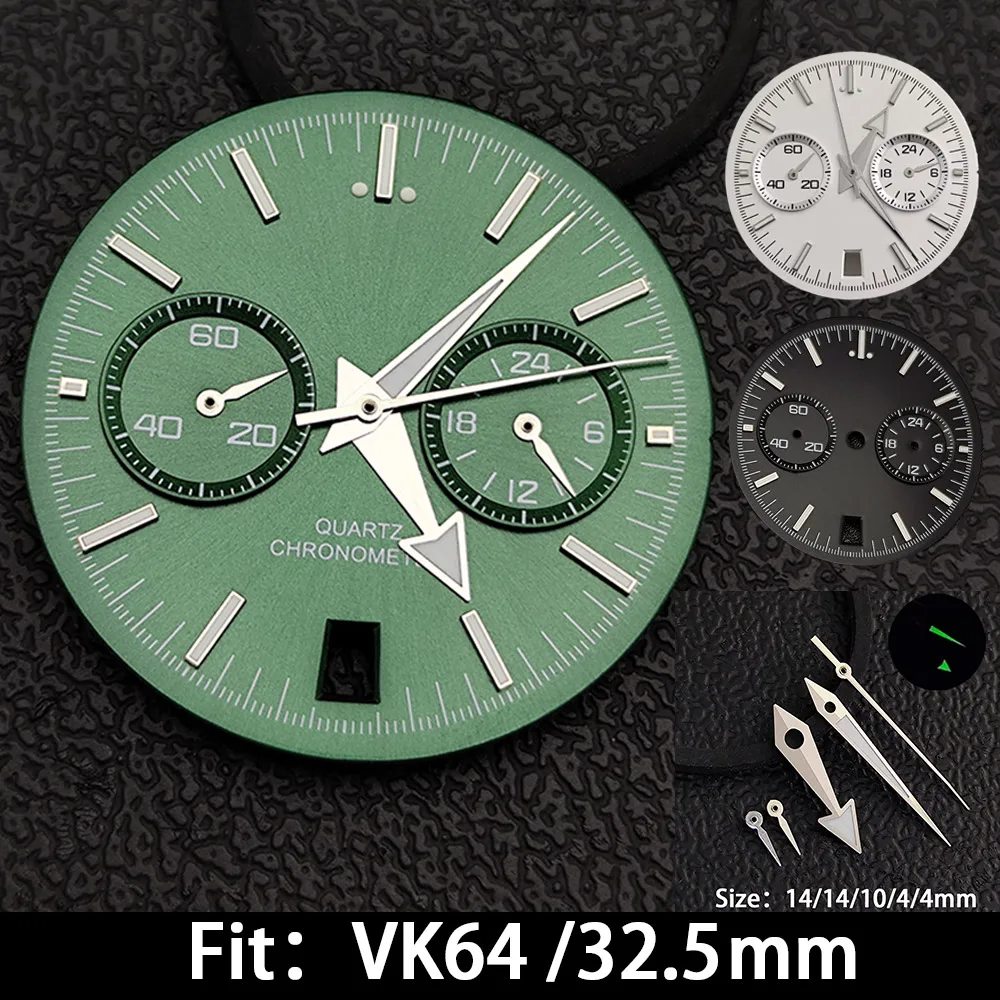 32.5mm Two-Eye Chronograph Watch Dial Luminous Green Hands Set with Date Window for VK64 Quartz Movement Watch Mod Parts