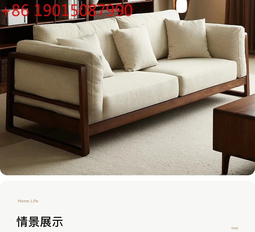 

Cy56 North American black walnut sofa large apartment three-person all-solid wood sofa leather, dual-purpose living room furnit