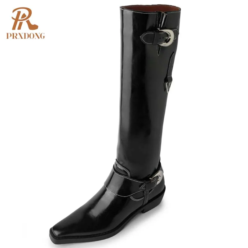 PRXDONG donna autunno inverno scarpe Med tacco quadrato nero abito in vera pelle stivaletti Casual taglia femminile 34-39 stile Punk