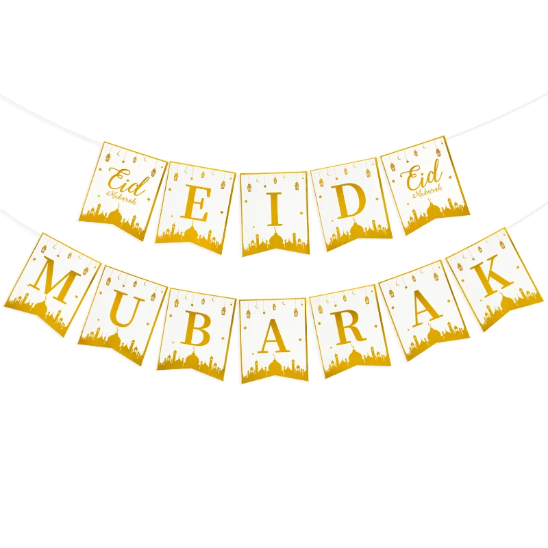 Eid Mubarak Disposable Tableware Gold Plate Cup Banner Gift Bags Islamic Muslim Party Supplies 2024 Ramadan Kareem Decorations