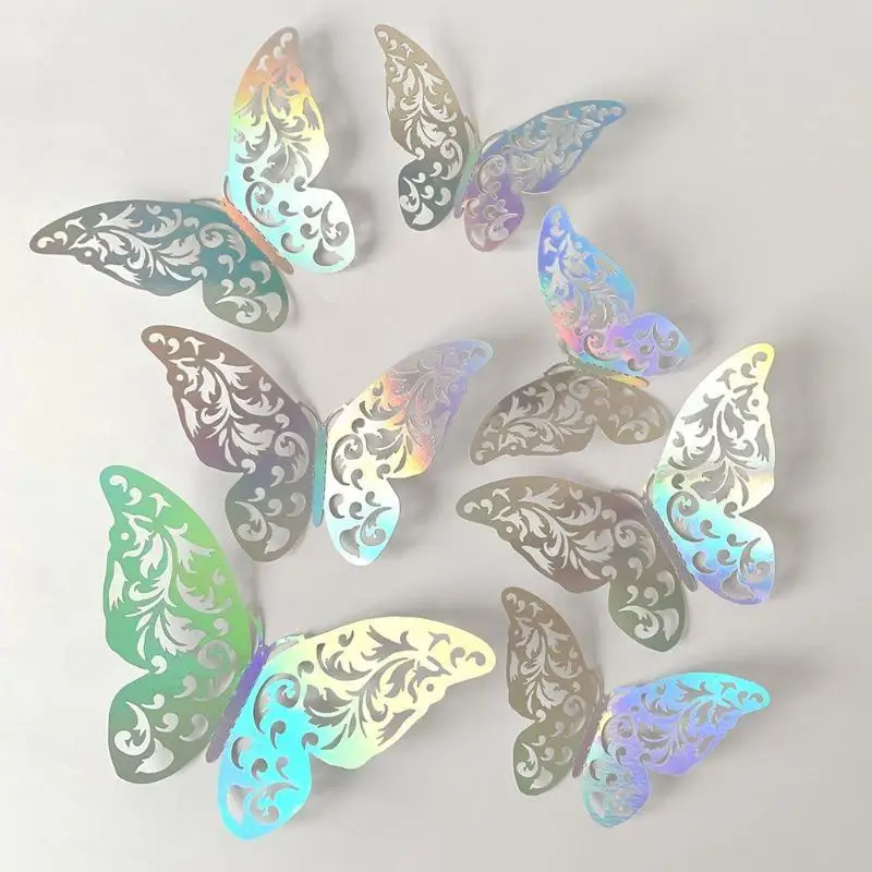 12Pcs Holographic 3D Butterfly Wall Decal Hollow Carved Iridescent Shine Home Kids Room Wedding Party