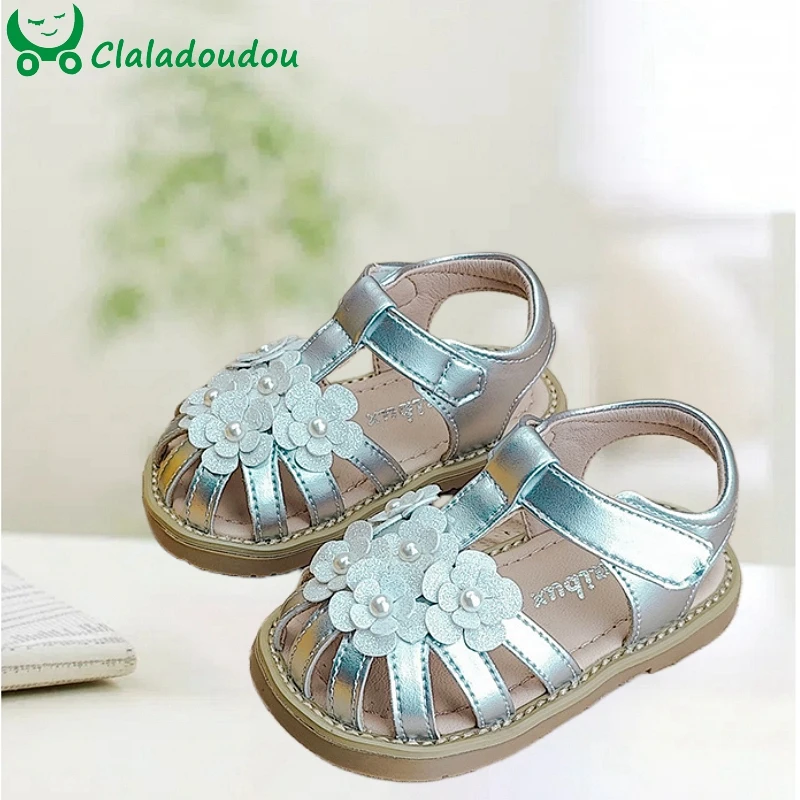 

Brand Baby Girls Sandals Closed Toe Silver Summer Dress Shoes With Full Flowers For Toddler Little Princess 0-3Years Kids Shoes