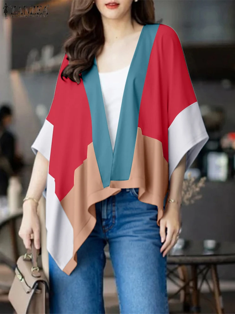 

ZANZEA Women Cardigans Fashion Color Patchwork Shirts 2025 Autumn Bat Sleeve Kinomo Casual Loose Open Stitch Vintage Blusas