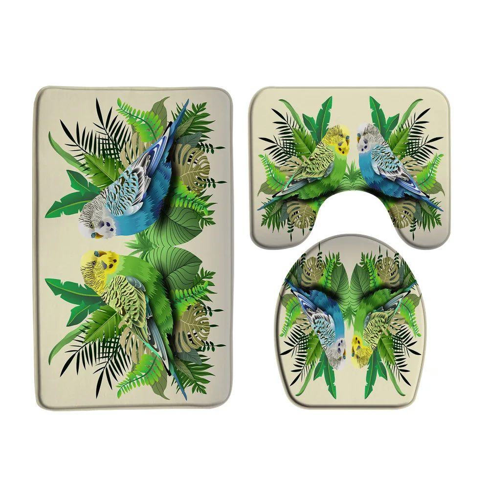 Tapete de baño de franela de microfibra absorbente, tapete de cubierta de tapa de inodoro, Toucans, loro, palmera, hojas, pájaro de la selva, decoración de baño