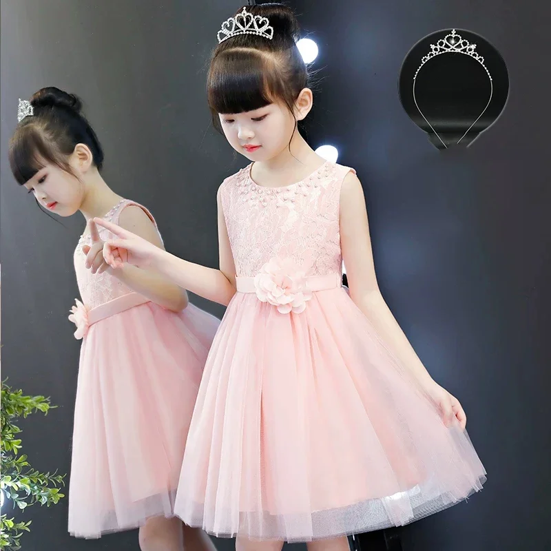 Novo Vestido de Princesa Rosa de Renda e Tule para Meninas 2026, Sem Mangas, com Decoração Floral, Modelo Evasê, com Tiara Grátis para Festa de Aniver