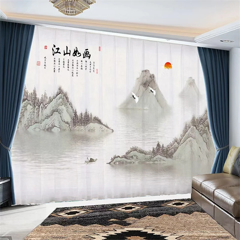 Custom Chiffon Sheer Curtain Window Drape for Bedroom Living Room Mountain Hills River Boat Sunrise Trees Landscape