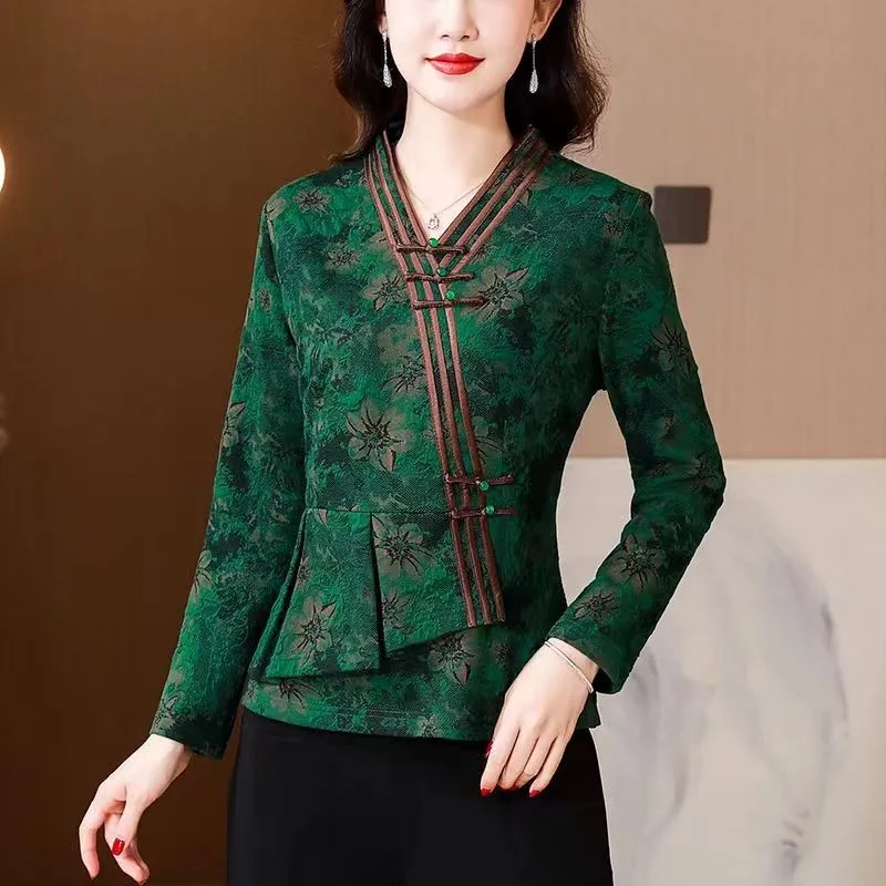 Cheongsam Women\'s Plus Size Tops 2023 Summer Silk Jacquard Irregular Traditional Chinese Style Tang Costume Qipao Shirts Woman