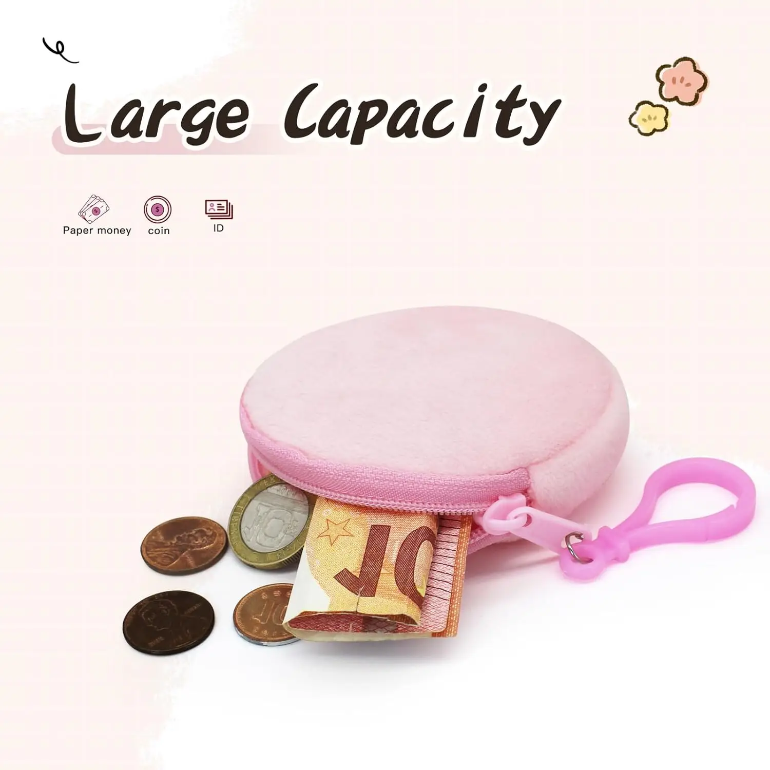 Coin Purse, Fashion Soft Plush Round Coin Pouch, Portable Small Change Purse Cute Zip Wallet with Carabiner