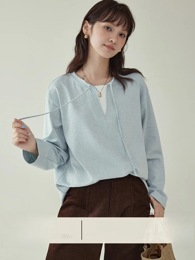 

Свободная длинная футболка Sve round Ne Blue, женская базовая футболка, повседневный топ, искусственный дизайн из двух предметов, удобная смесь хлопка