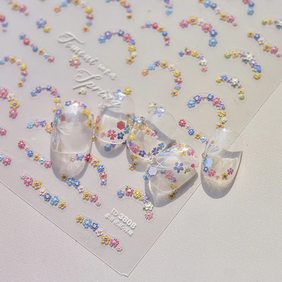 1pcs 5D Diamond Japanese Spring Colorful Flower Nail Art Stickers Elegant Self-Adhesive Nail Decorations Decals Accessories DIY