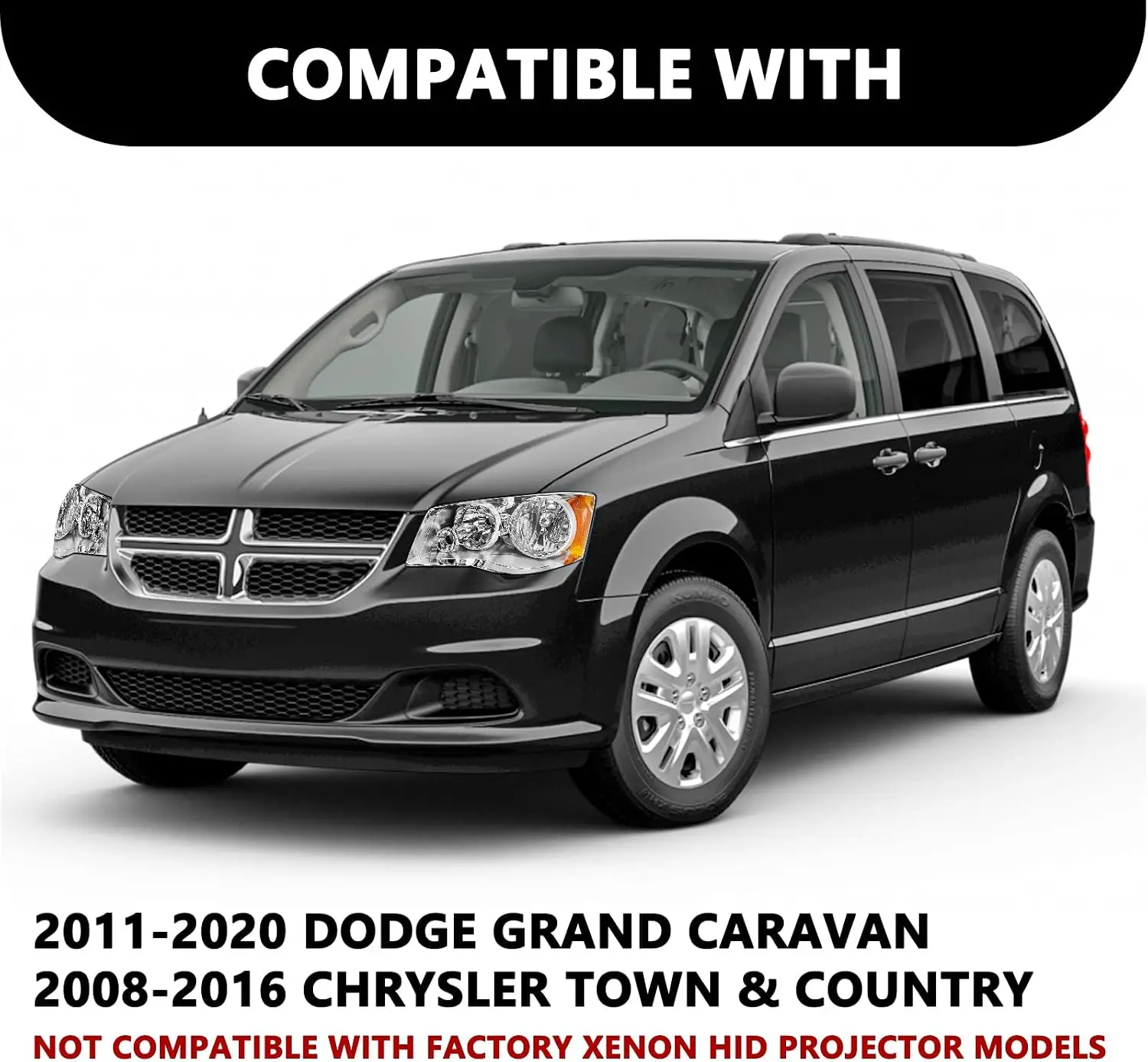 Compatible with 2011-2020 Dodge Grand Caravan / 2008-2016 Chrysler Town and Country Chrome Headlamp, OE Replacement Headlight As