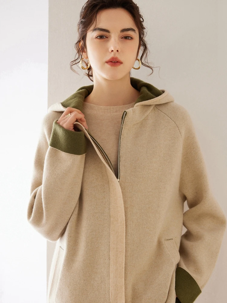 Women Mid-Long Cardigan 100% Goat Cashmere Zipper Sweater Fashion Air Layer Cashmere Knitwear Autumn Winter Thick Hooded Coat