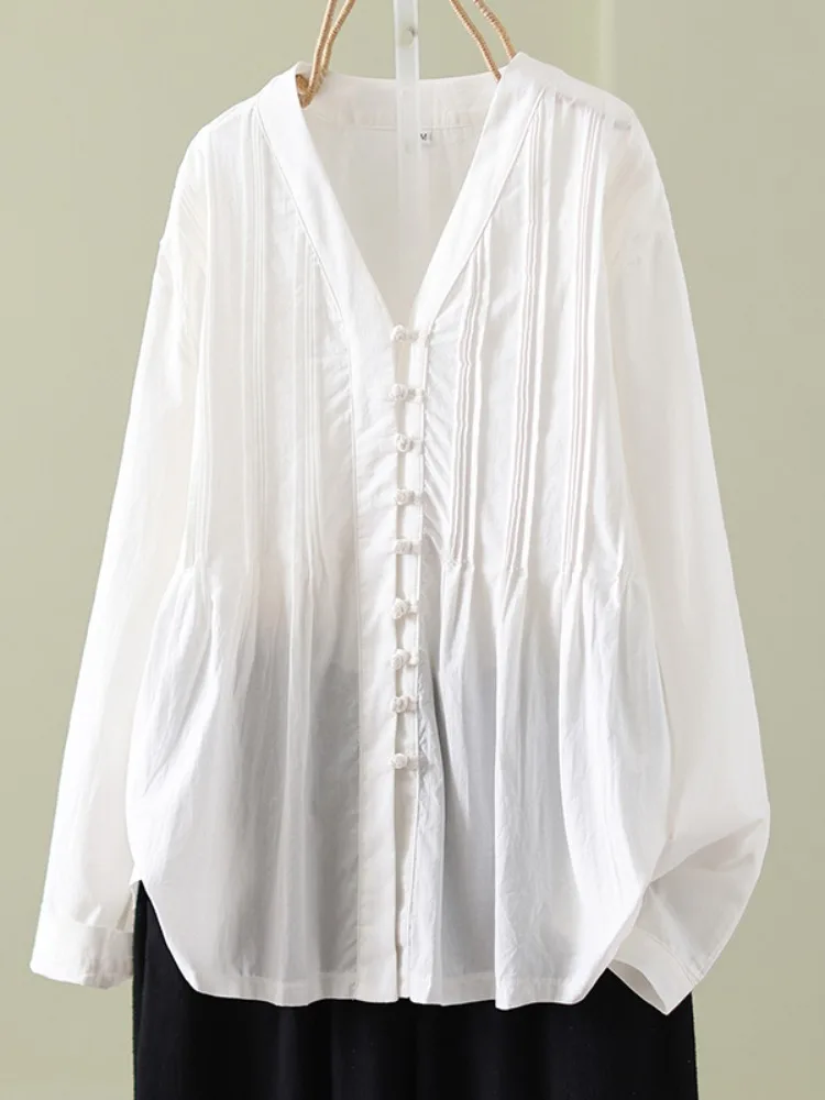 

Artistic Pure Color Heavy Emed Cotton Linen V-ne irt Women's Spring Loose Personali National Sle Button Casual Top