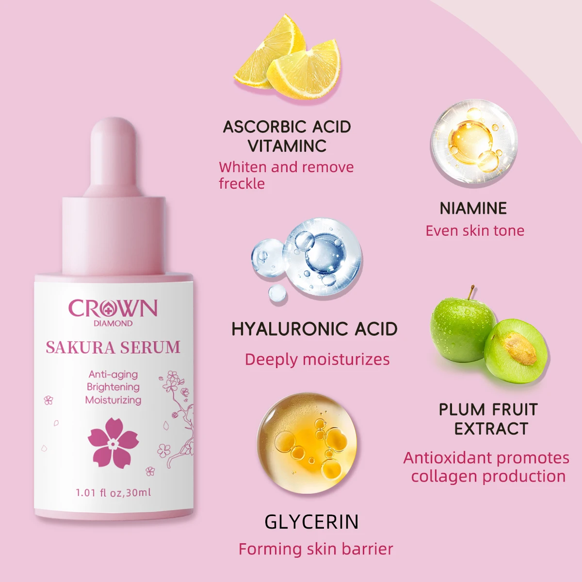 Sakura Collagen Hydrating Serum 30ml - Moisturizing & Firming Facial Essence for Soft Radiant Skin Reduces Dryness & Dullness