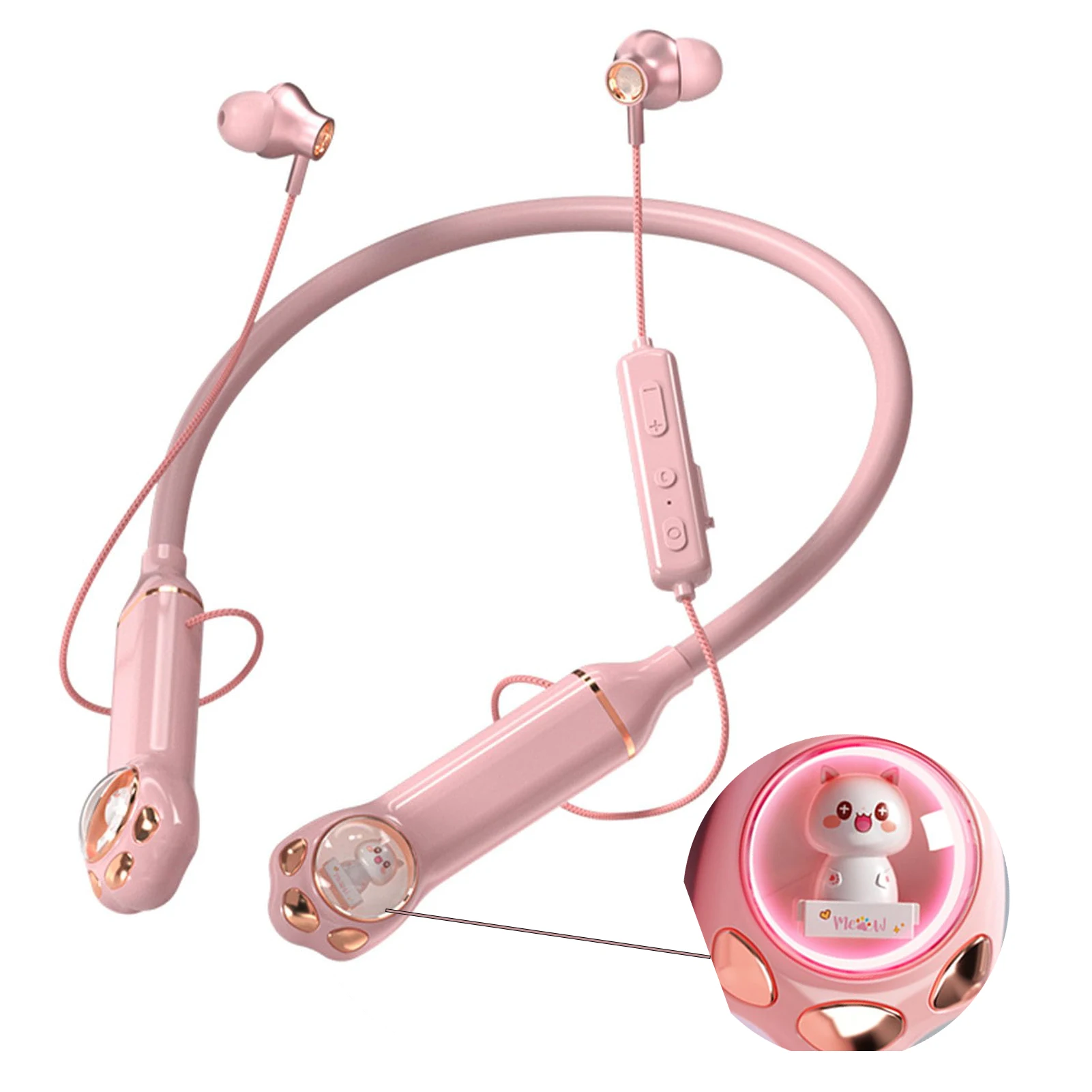 Cute Cat Wireless Headphones Kawaii Cartoon Bluetooth 5.3 Neckband Earphones With Mic Sports IPX5 Waterproof Headset For Kids