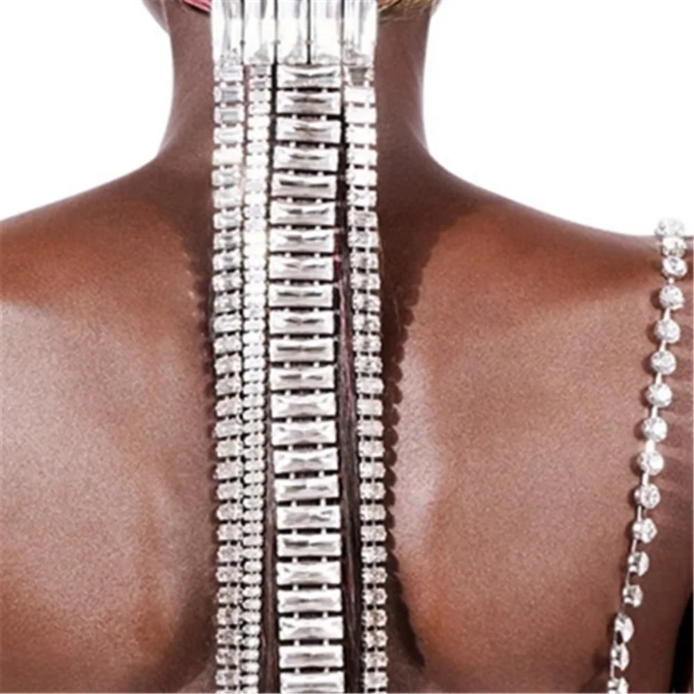 INS Novelly Crystal Long Tassel Ponytail Hair Comb Hair Chain Wedding Jewelry for Women Rhinestone Geometric Hairpins Head Chain