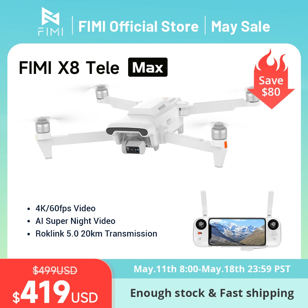 

FIMI X8 Tele Max drone 1/2-inch CMOS Wide-Angle Tele Camera 30x Hybrid Zoom 4K 60fps 3-axis Gimbal GPS AI Super Night Video