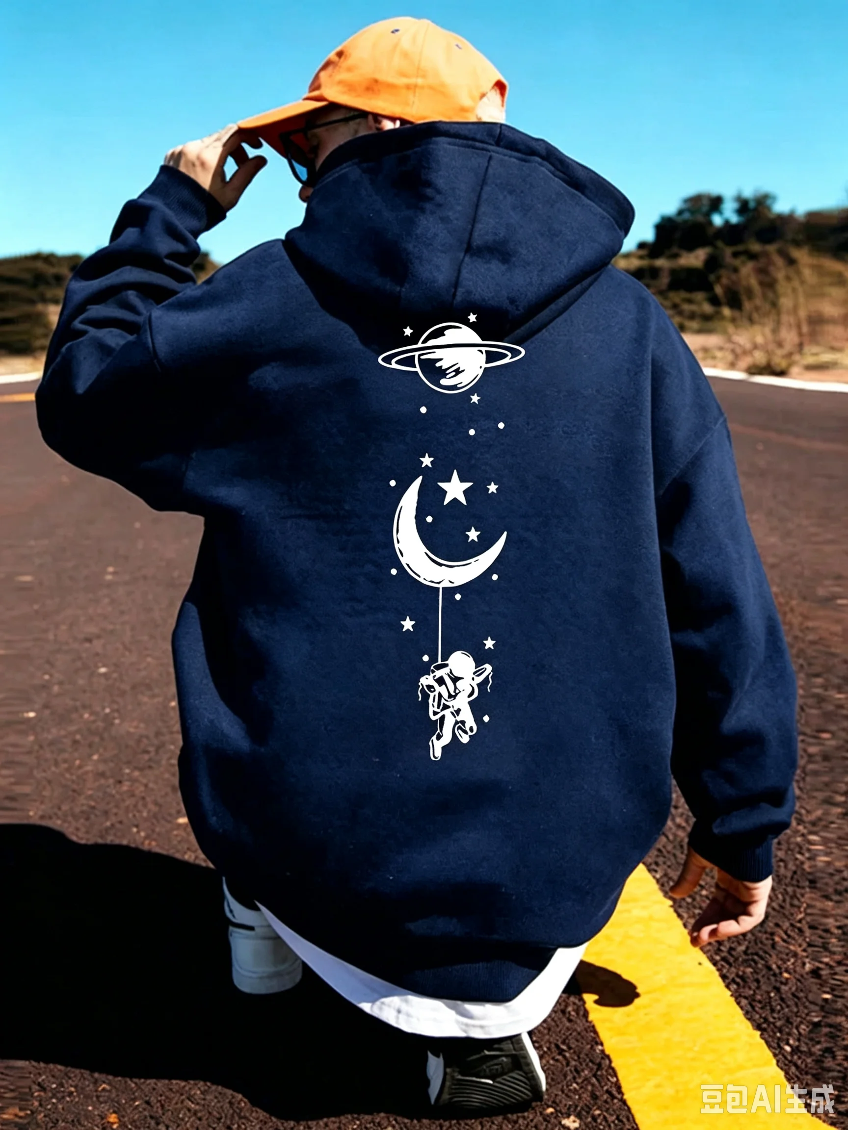 Men Casual Pullover Hooded Sweatshirt Cosmic Astronaut Moon Star Planet Back Print Autumn Winter Streetwear Long Sleeve Hoodie