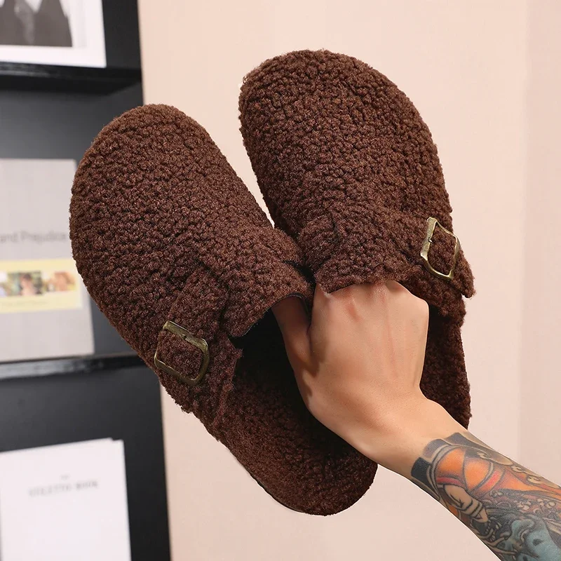 Women's Cotton Slippers Brown Warm Plush Christmas Slippers 2025 New Walking Men's Outdoor Footrest Indoor Barefoot Flat Shoes