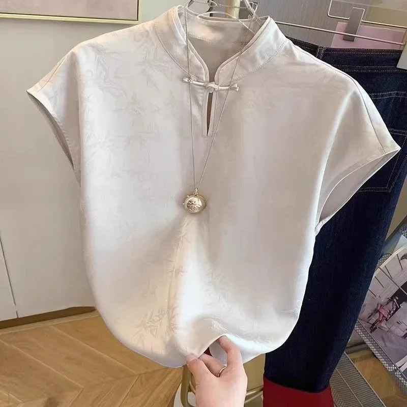 

Summer New Jacquard Soft Satin Blouse Women Chinese Style Short Sleeve Vest Shirt Elegant Frog Button Womens Tops