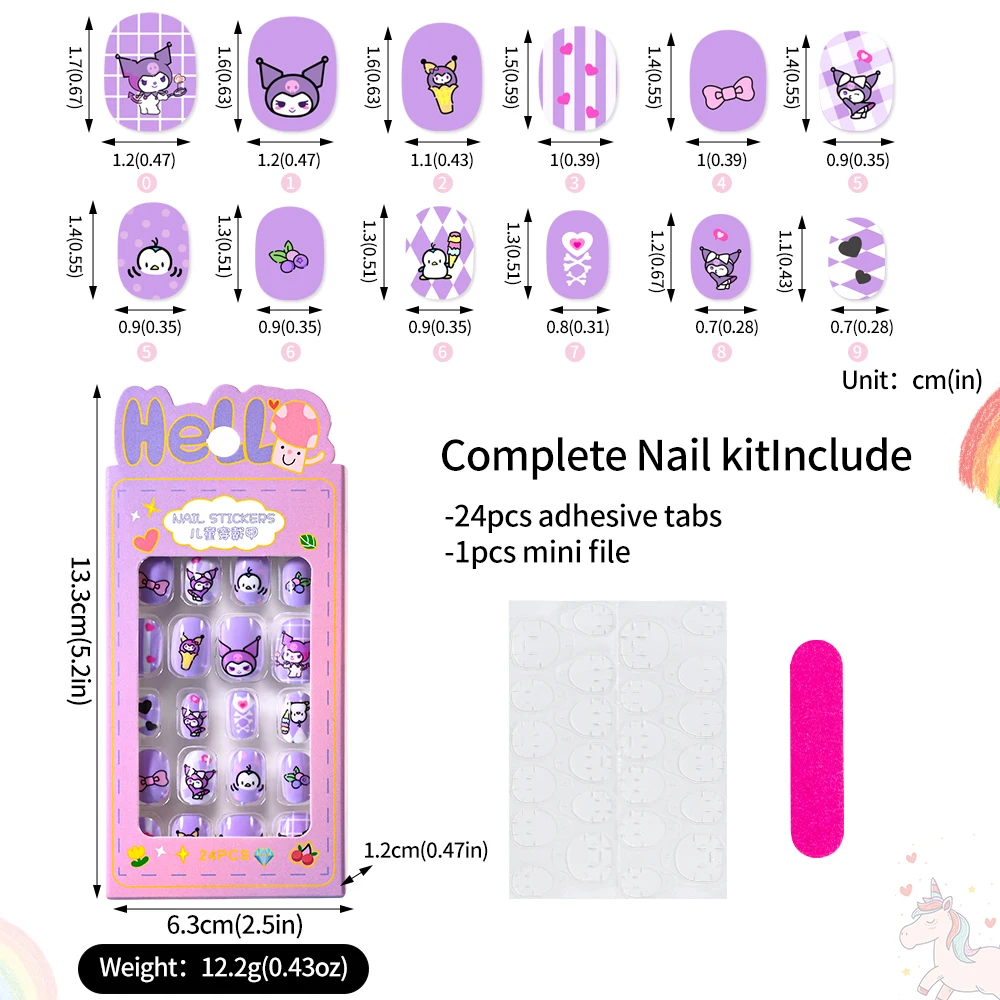 24 Stuks Miniso Cartoon Hello Kitty Pers Op Nagels Sanrio Serie Roze/Blauw/Paars Kuromi Kawaii Nep Nagel Voor 6 Jaar + School Meisje