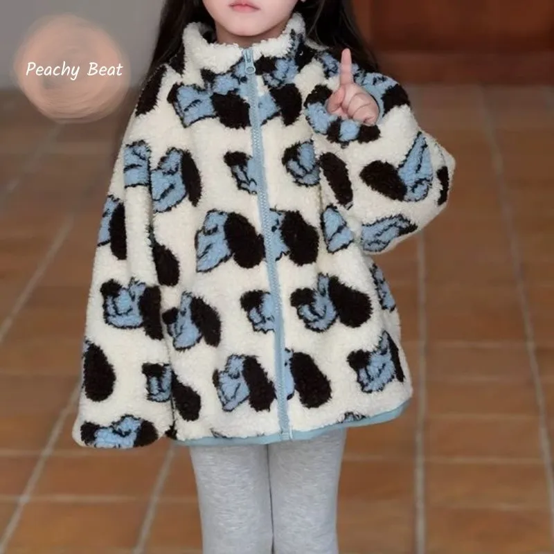 

Fashion Baby Girl Boy Cartoon Print Lamb Wool Jacket Fleece Inside Toddler Child Coat Thick Outwear Winter Baby Clothes 2-12Y