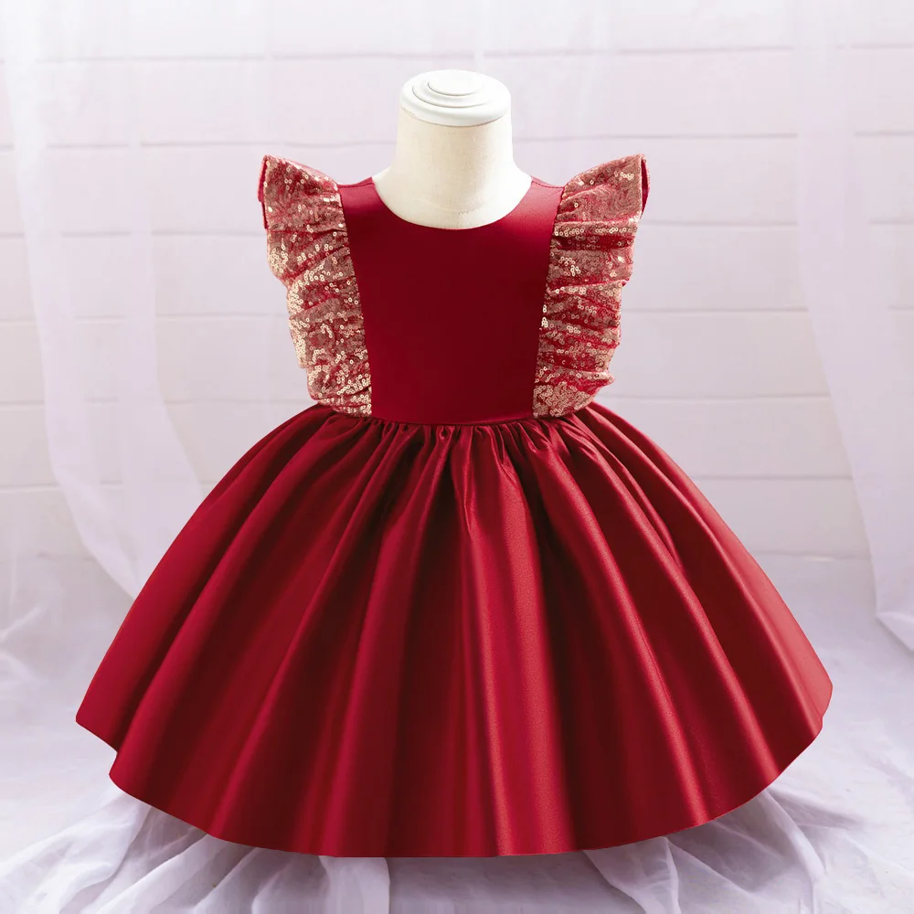 Toddler Big Bow Sequin Baby Girl Dress Christmas Costumes 1st Birthday Princess Girl Party Dresses Flying Sleeve Bridemaids Gown