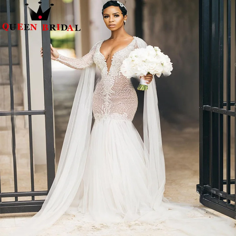 

Sexy Deep V Mermaid Wedding Dresses Long Sleeve Lace Pearls Charming Floor Length Bridal Gown Vestidos De Novia Custom S43X