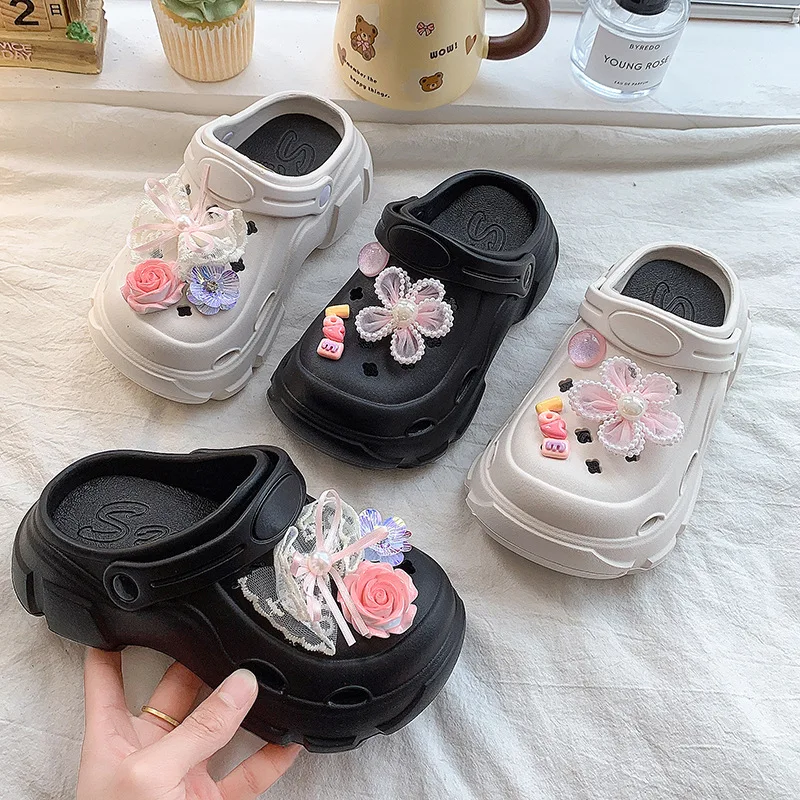 

Kids'Casual Shoes Flower Pearl Bow Outdoor Flat Slippers For Children Anti-slip Breathable Thick Bottom White Black Size 24-35