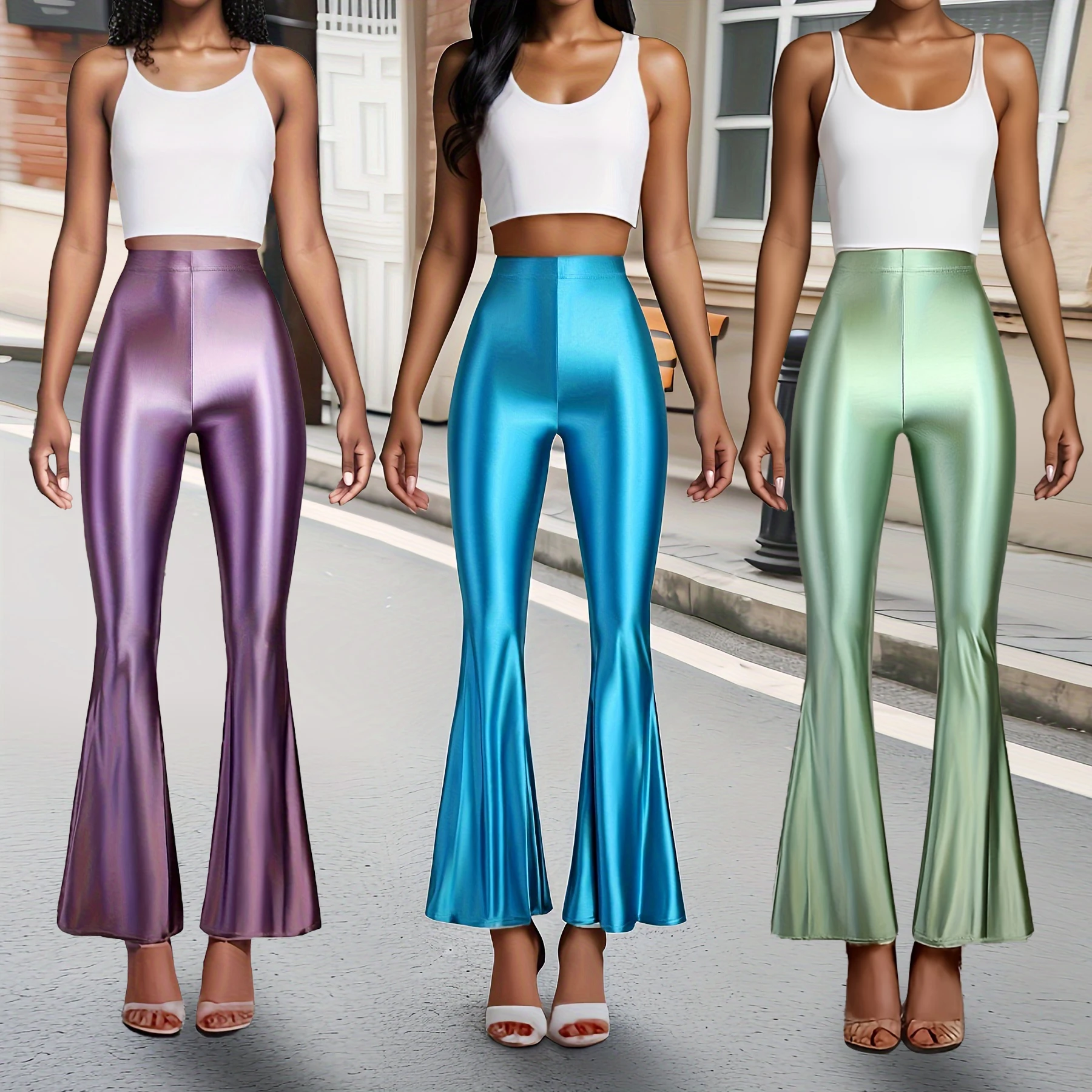 

Satin Glossy Long Pants High Waist Sexy Flared Pants Shiny Smooth Yoga Dance Tight Pants Leggings Sport Women Fitness Plus Size