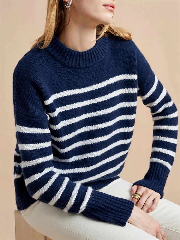 Navy Blue Stripe Knit Sweater Long Sleeve Drop Shoulder Knitting Pullovers Women Knitwears Tops Autumn Winter Knitted Sweaters