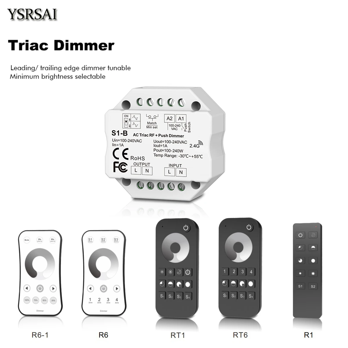 AC110V-220V S1-B Triac LED Wireless Dimmer Push Switch+2.4G Wireless 4-Zone Touch dimming Remote Controller for Single Color LED