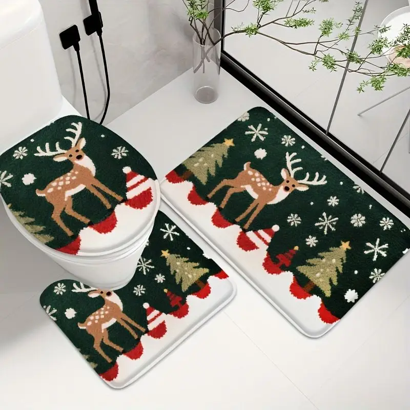 VIKAMA Christmas Reindeer Toilet Mat Dark Green Tree Snowflake Winter Holiday Rug for Bathroom Toilet Cozy Home Decor Gift