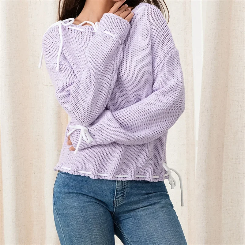 y2k Loose Sweater Women Fashion Bow Lace Up Skew-collar Female Knitted Pullover 2024 Autumn Winter Long Sleeve Sweet Lady Top