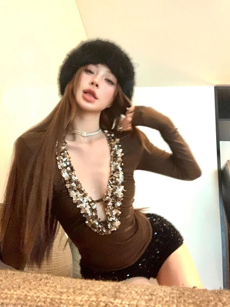 Fashion Sequins Patchwork T-Shirt Women Korean Sexy V Neck Long Sleeve Slim Top Y2K Harajuku Streetwear All Match Female Tees