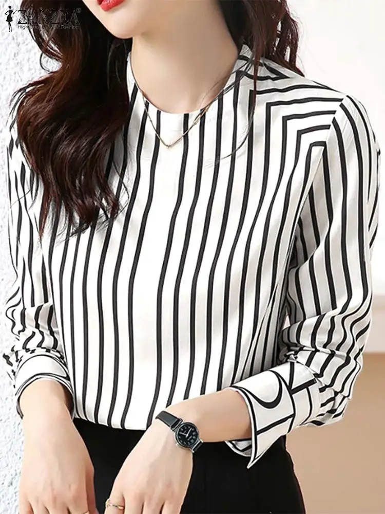 

ZANZEA Women Simple Korean Tops Fashion Plaid Tops Casual Round Neck 2024 New Shirt Office Lady Summer Long Sleeve Tunics Femme